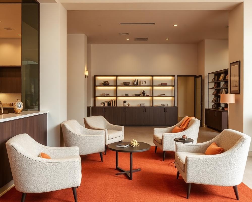 Salon reception and client waiting lounge with boucle armchairs and retail shelving