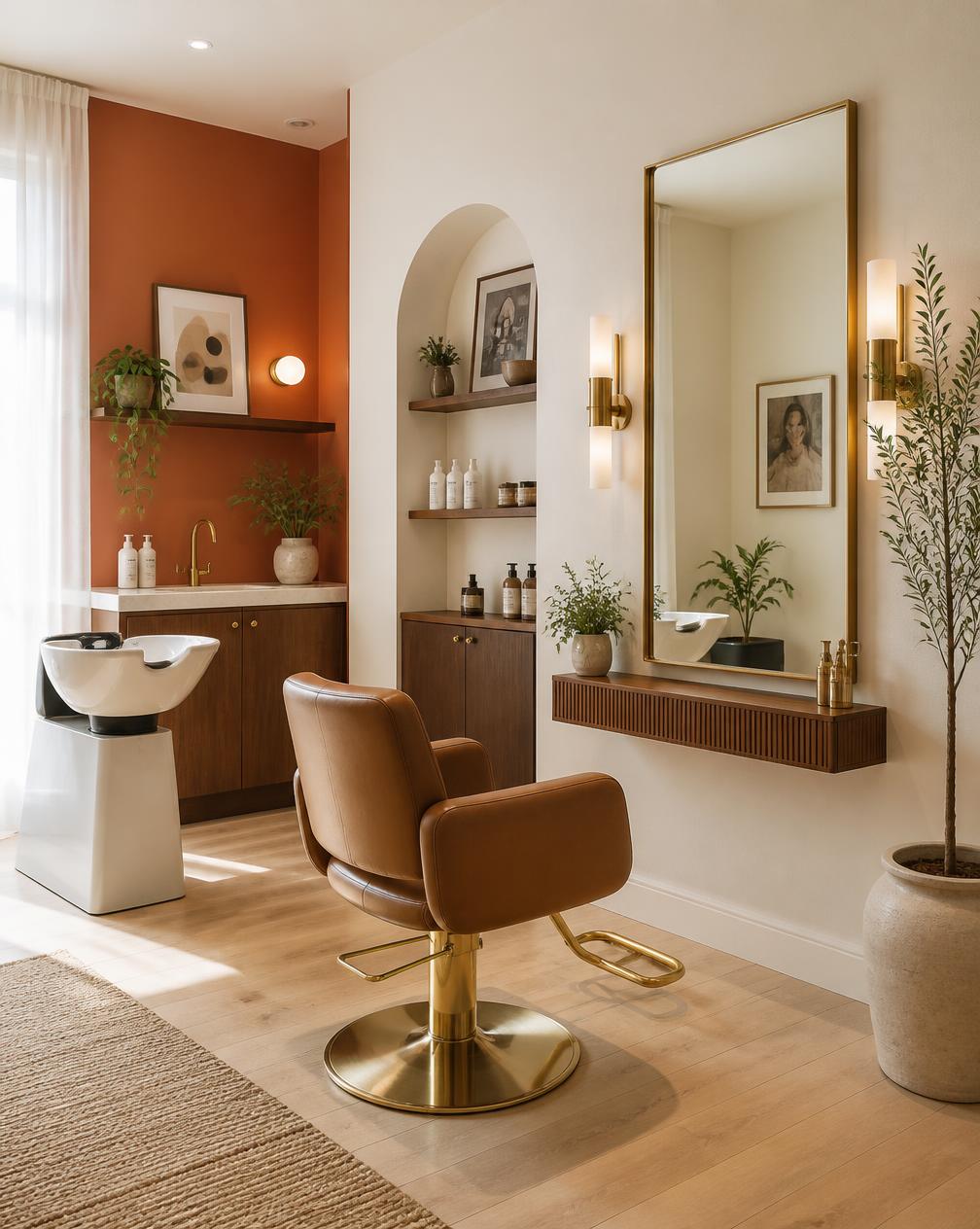 Private hair styling suite with salon chair, gold-framed mirror and shampoo sink in Buckhead