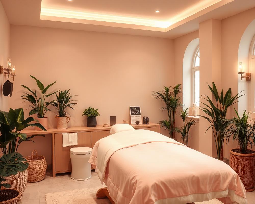 Private esthetician treatment suite with facial bed and soft blush linens in Buckhead